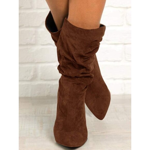 Women's Coffee Suede Mid Calf High Slouchy Chunky Heel Block Pointed Toe Boots - Picture 4 of 8